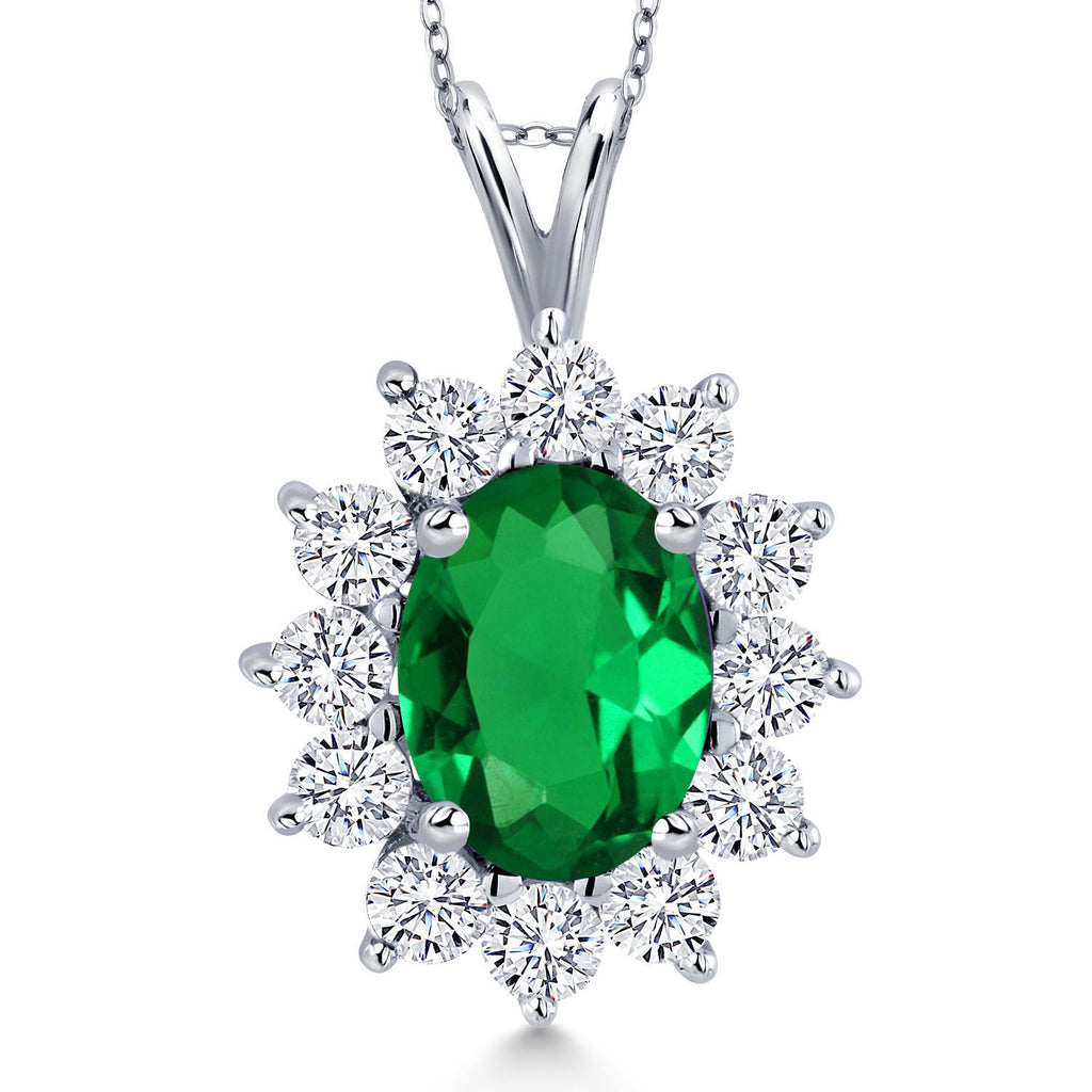 Gem Stone King 14K White Gold Gemstone Birthstone Halo Pendant Necklace | Oval 8X6MM and Round 2.5MM | Gold Necklaces for Women | With 18 Inch Chain | Fine Jewelry Gifts for Her Mom Women Wife
