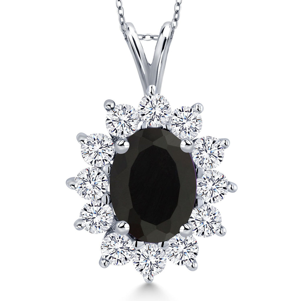 Gem Stone King 14K White Gold Gemstone Birthstone Halo Pendant Necklace | Oval 8X6MM and Round 2.5MM | Gold Necklaces for Women | With 18 Inch Chain | Fine Jewelry Gifts for Her Mom Women Wife