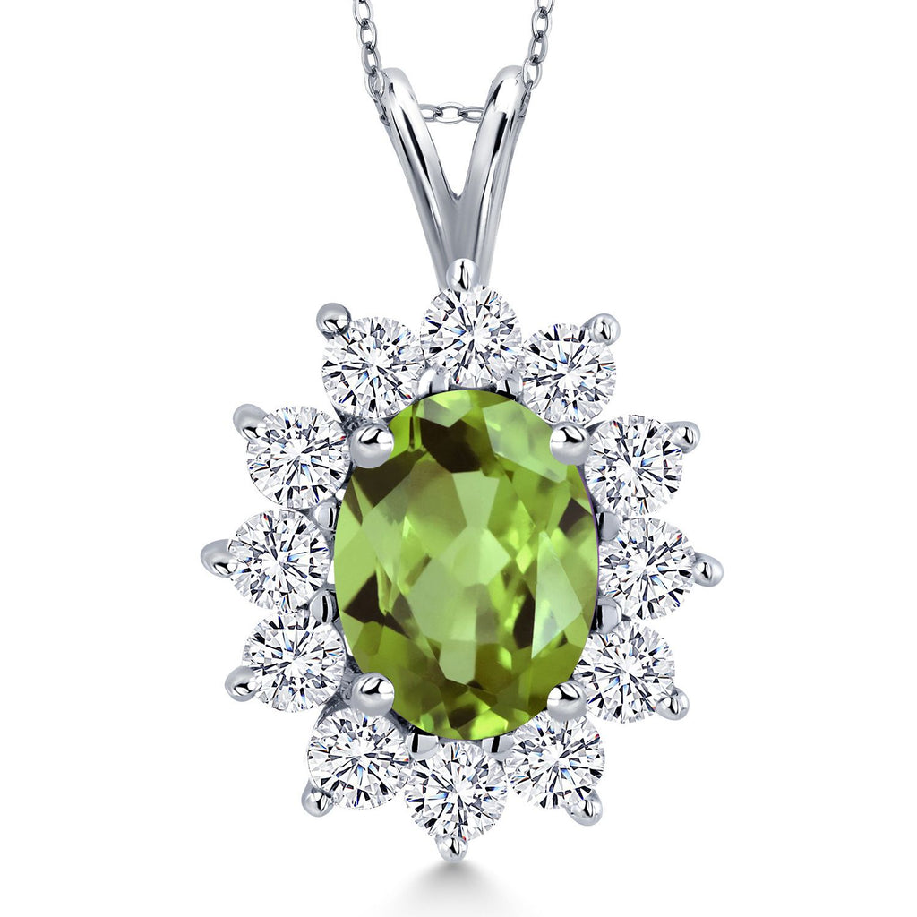 Gem Stone King 14K White Gold Gemstone Birthstone Halo Pendant Necklace | Oval 8X6MM and Round 2.5MM | Gold Necklaces for Women | With 18 Inch Chain | Fine Jewelry Gifts for Her Mom Women Wife