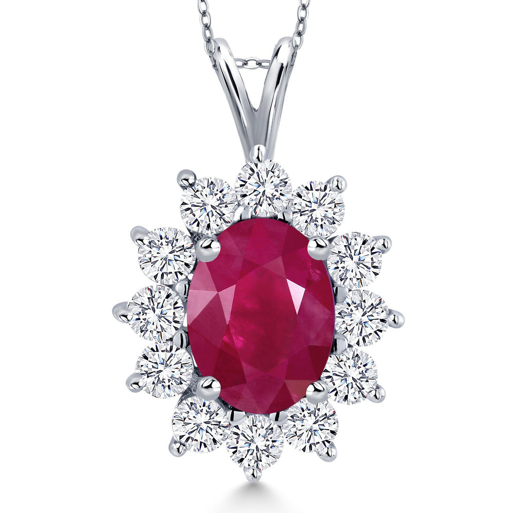 Gem Stone King 14K White Gold Gemstone Birthstone Halo Pendant Necklace | Oval 8X6MM and Round 2.5MM | Gold Necklaces for Women | With 18 Inch Chain | Fine Jewelry Gifts for Her Mom Women Wife
