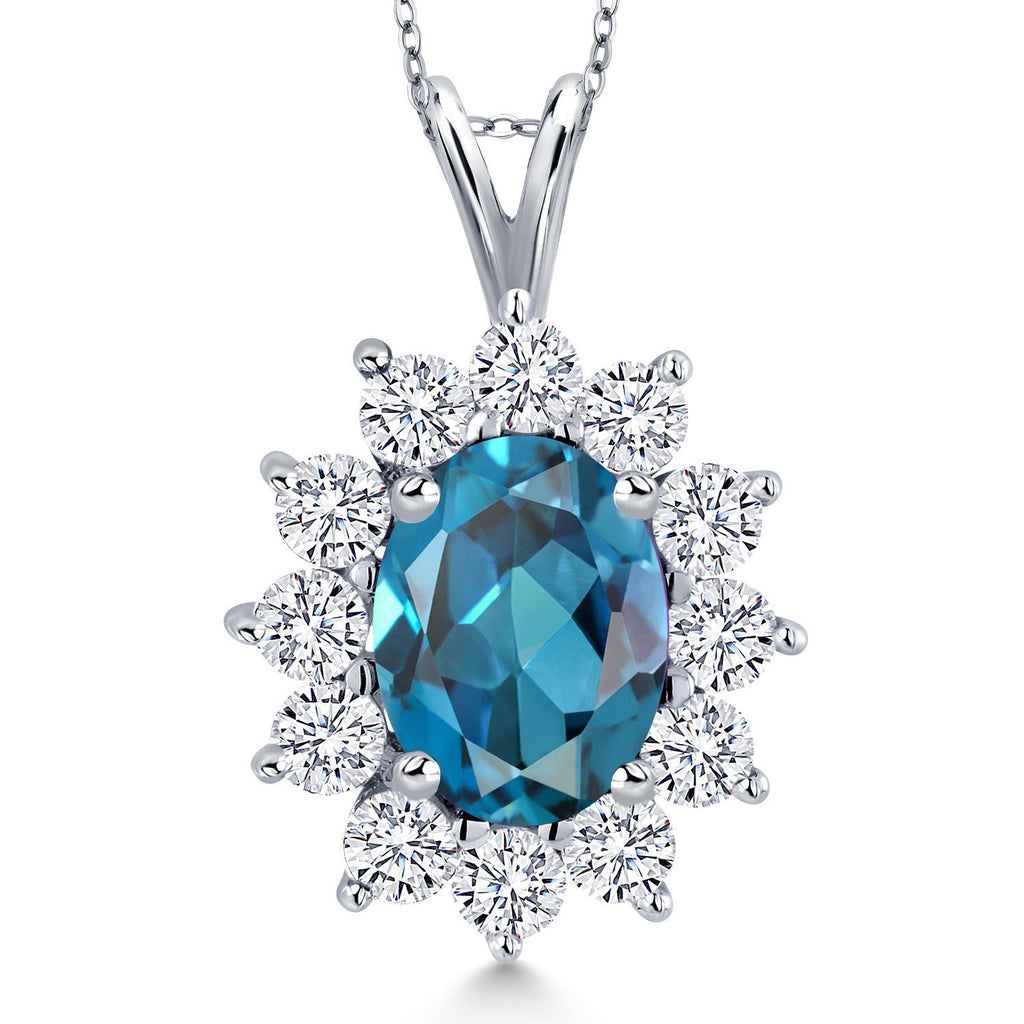 Gem Stone King 14K White Gold Gemstone Birthstone Halo Pendant Necklace | Oval 8X6MM and Round 2.5MM | Gold Necklaces for Women | With 18 Inch Chain | Fine Jewelry Gifts for Her Mom Women Wife