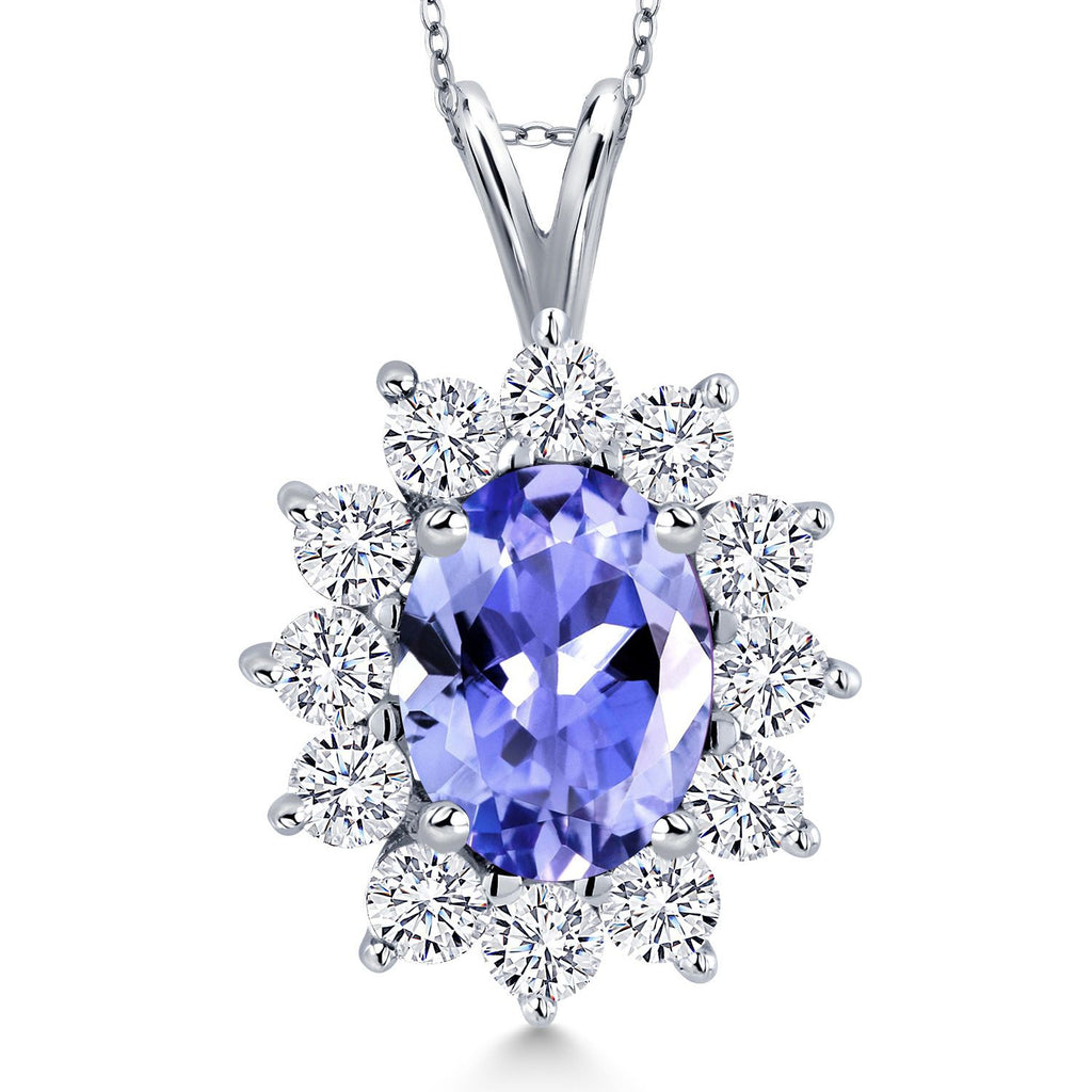 Gem Stone King 14K White Gold Gemstone Birthstone Halo Pendant Necklace | Oval 8X6MM and Round 2.5MM | Gold Necklaces for Women | With 18 Inch Chain | Fine Jewelry Gifts for Her Mom Women Wife