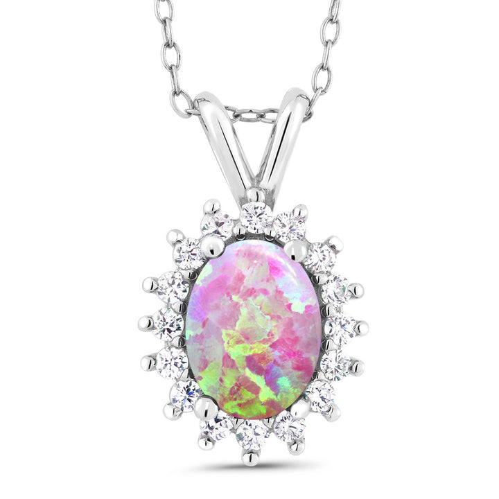 Pink Simulated Opal-Cabochon - October_Pendant in 925 Sterling Silver