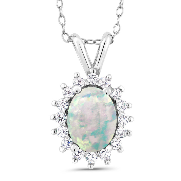 White Simulated Opal-Cabochon - October_Pendant in 925 Sterling Silver