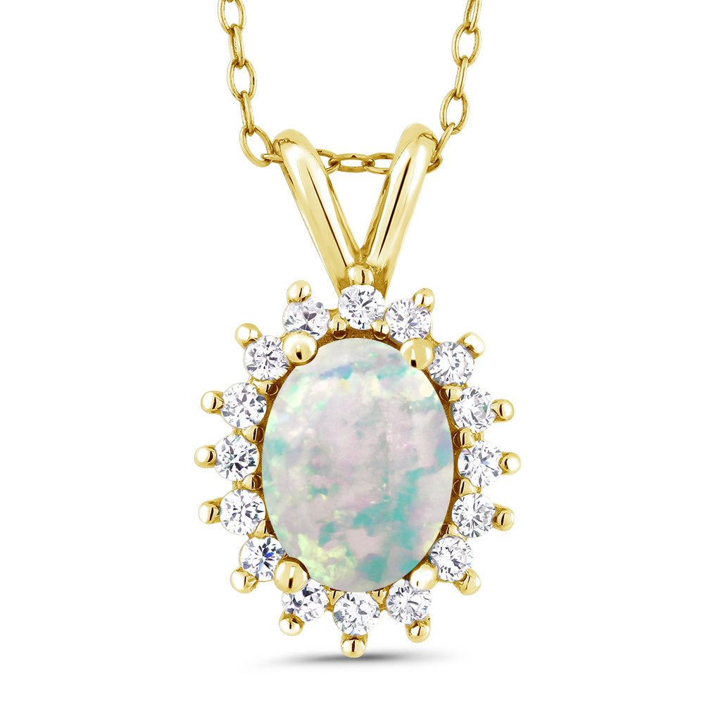 White Simulated Opal-Cabochon - October_Pendant in 14K Yellow Gold