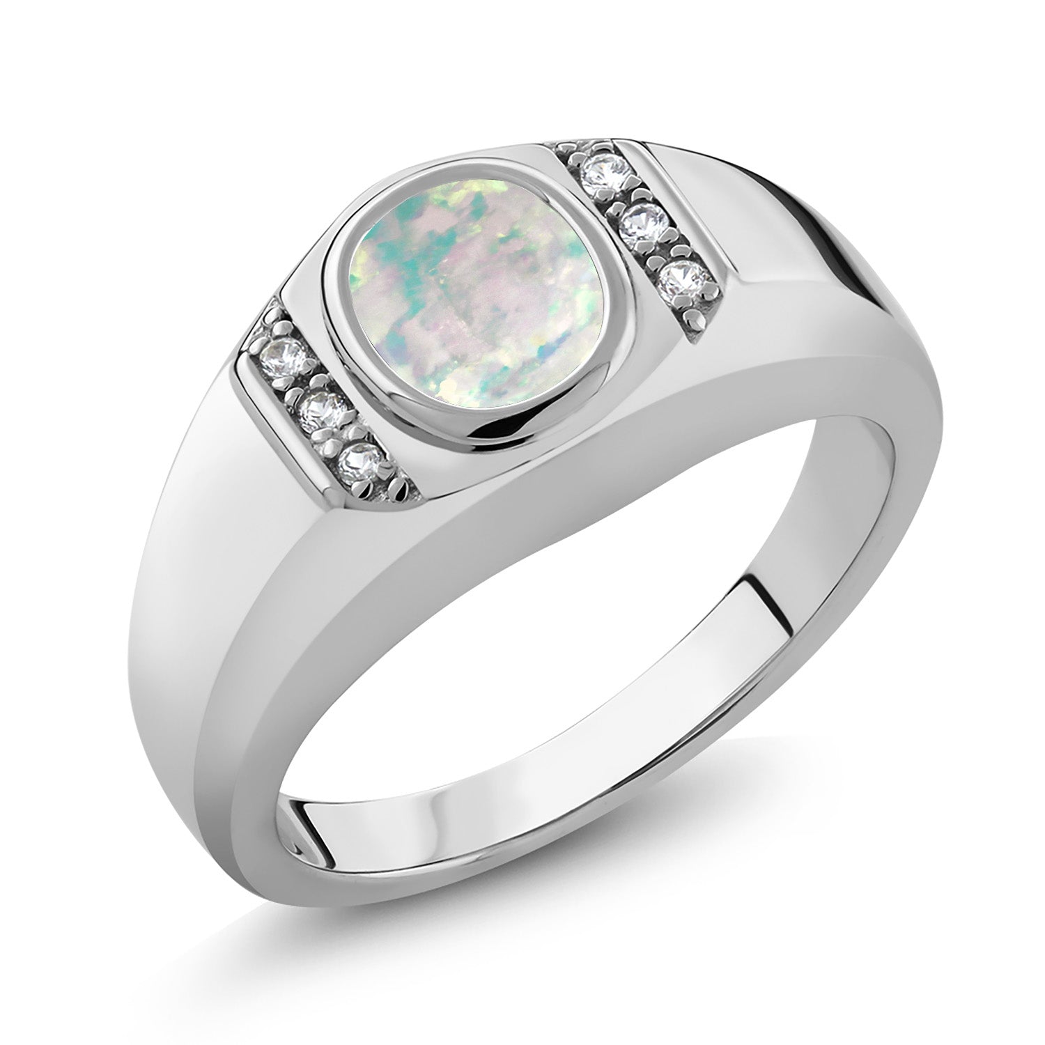 White Simulated Opal-Cabochon - October_12_Ring in 925 Sterling Silver