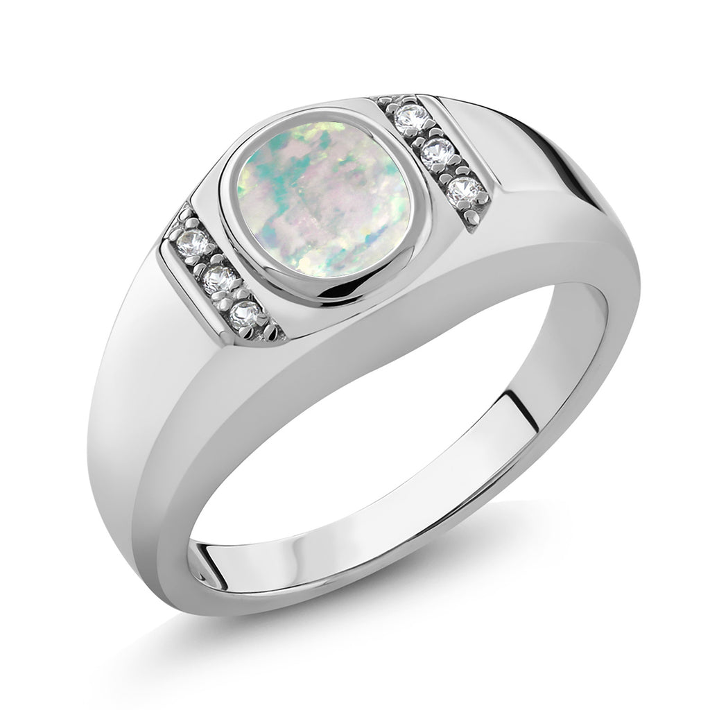 White Simulated Opal_11_Ring in 925 Sterling Silver