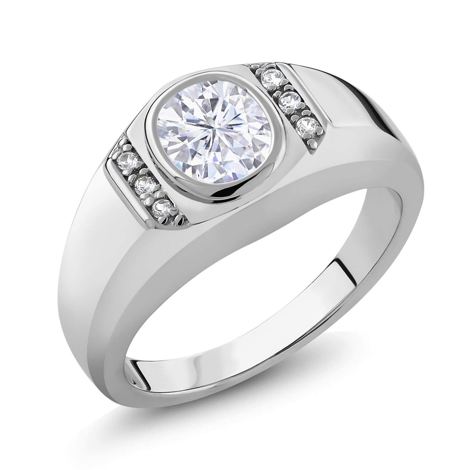 Men's 925 Sterling Silver White Moissanite and White Created Sapphire Ring For Men | 1.56 Cttw | Oval 8X6MM | Available In Size 7, 8, 9, 10, 11, 12, 13)