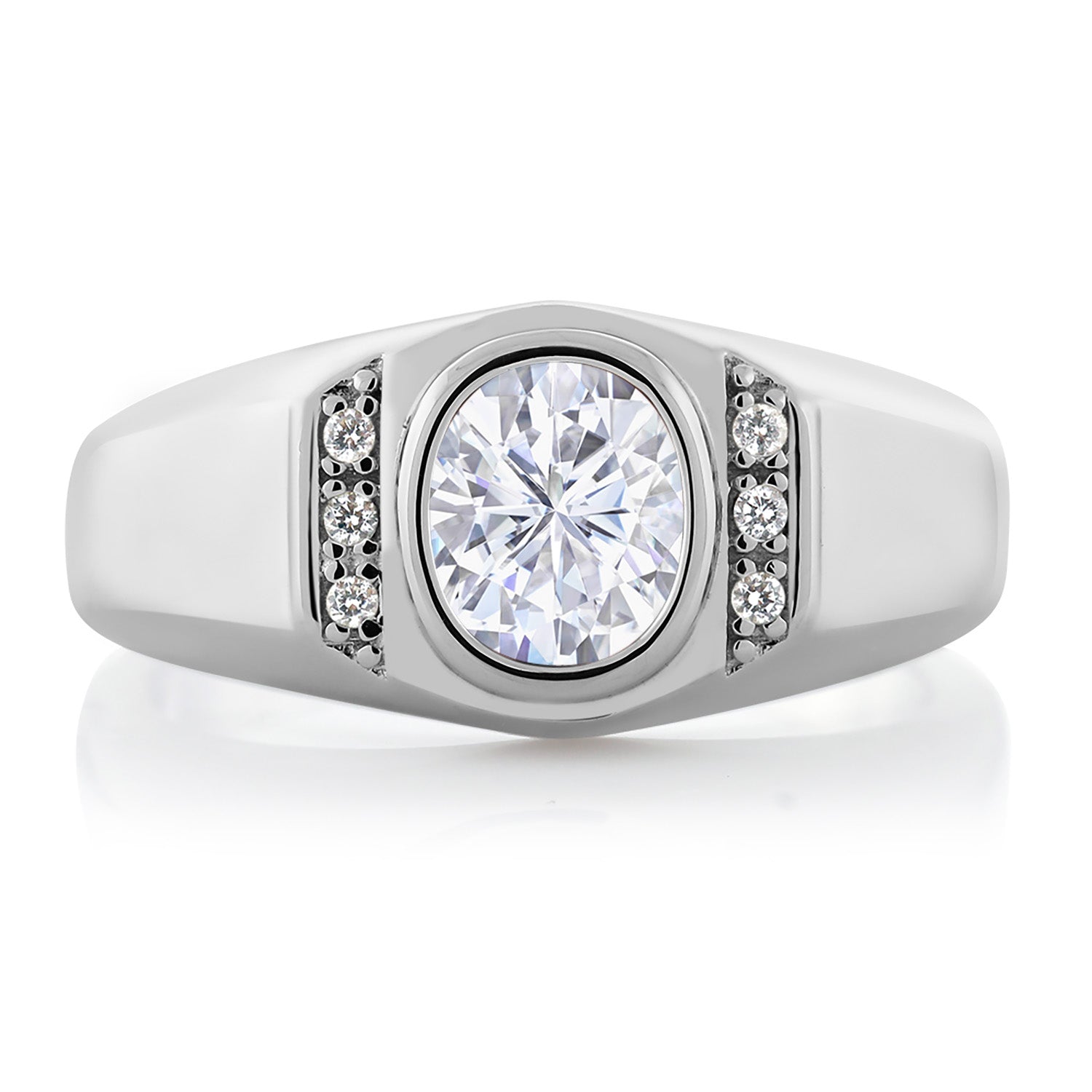 Men's 925 Sterling Silver White Moissanite and White Created Sapphire Ring For Men | 1.56 Cttw | Oval 8X6MM | Available In Size 7, 8, 9, 10, 11, 12, 13)