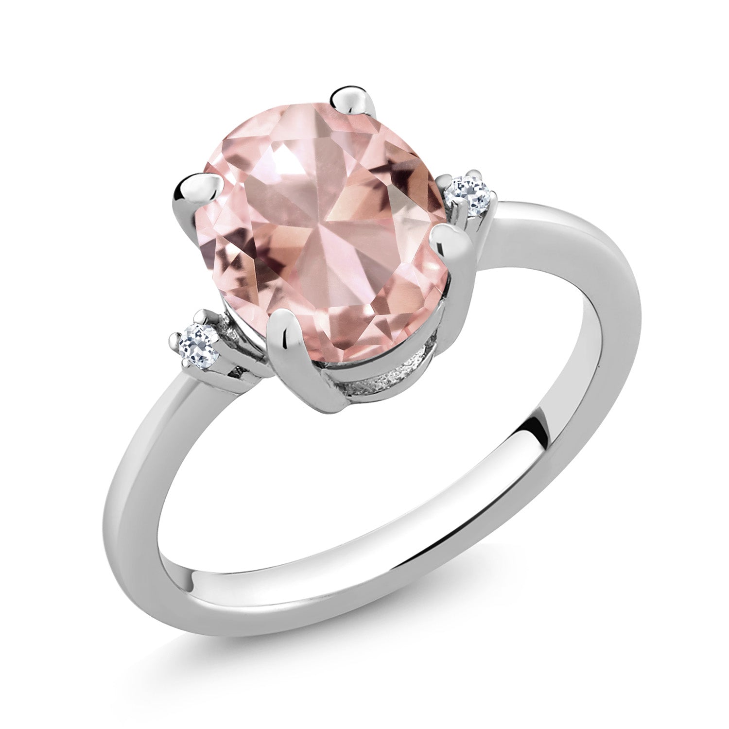 925 Sterling Silver Peach Nano Morganite and White Topaz 3 Stone Ring For Women (2.36 Cttw, Oval 10X8MM, Gemstone October Birthstone, Available in Size 5,6,7,8,9)