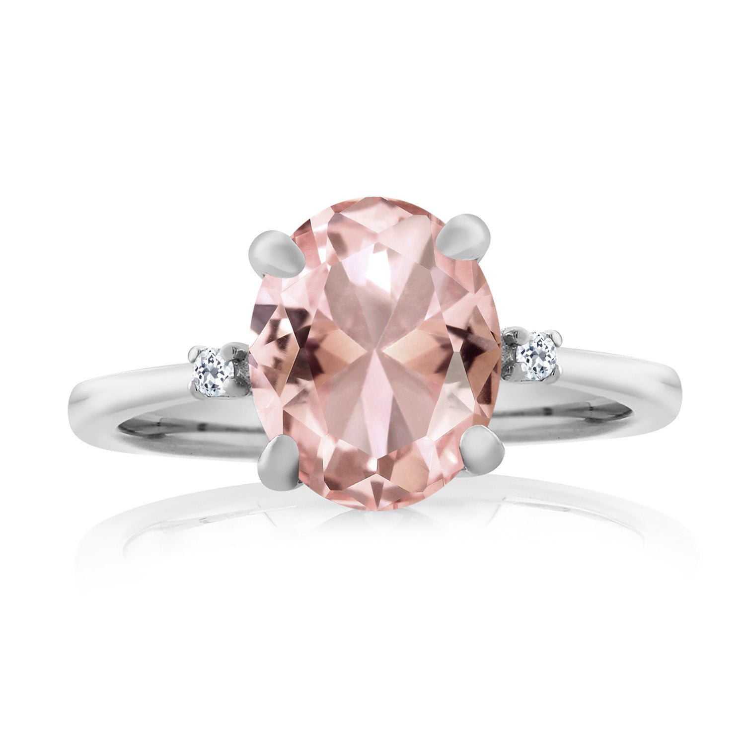 925 Sterling Silver Peach Nano Morganite and White Topaz 3 Stone Ring For Women (2.36 Cttw, Oval 10X8MM, Gemstone October Birthstone, Available in Size 5,6,7,8,9)