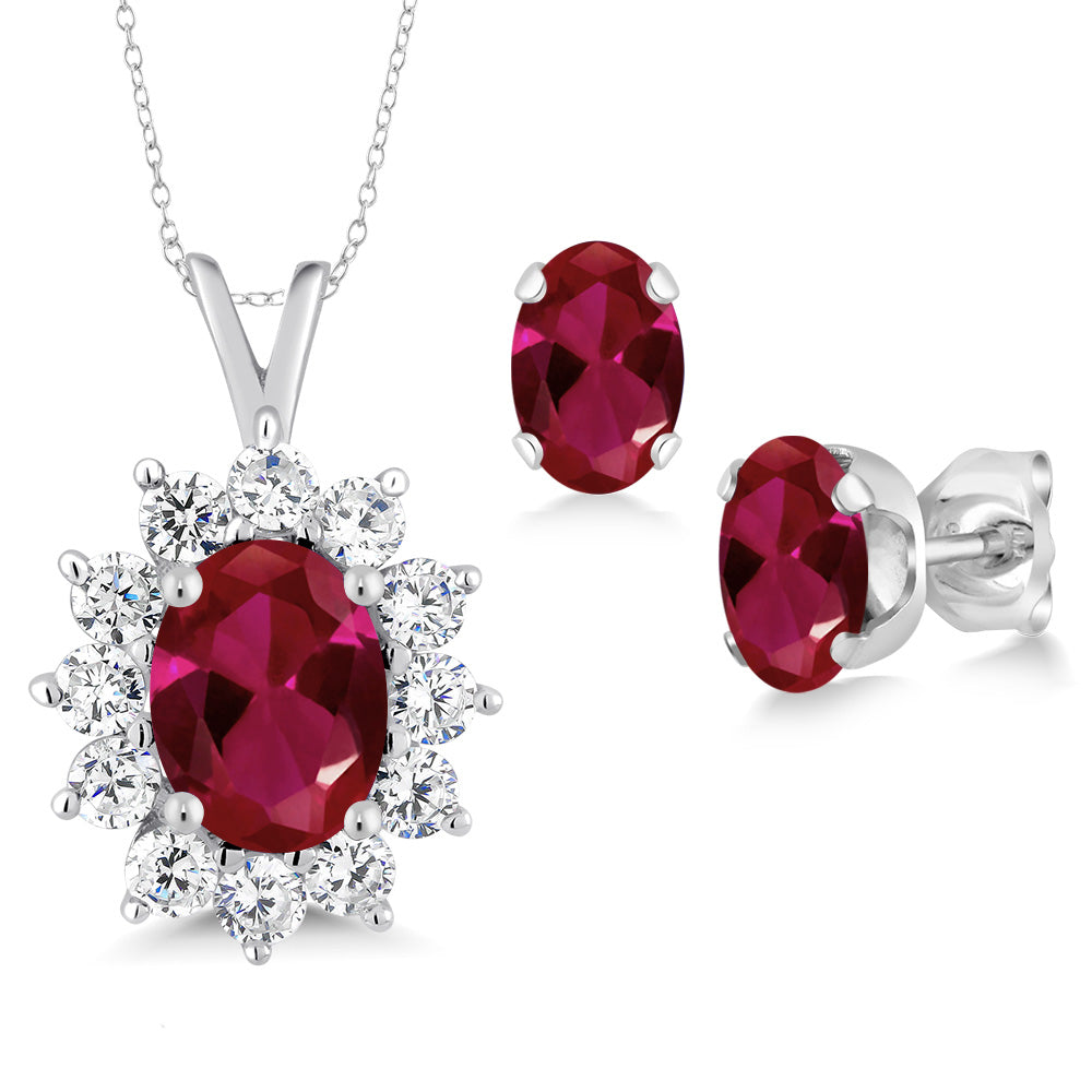 Created Ruby - July_Pendant Earrings Set in 925 Sterling Silver