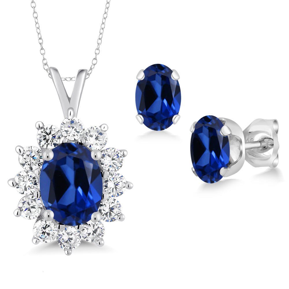 Blue Created Sapphire - September_Pendant Earrings Set in 925 Sterling Silver