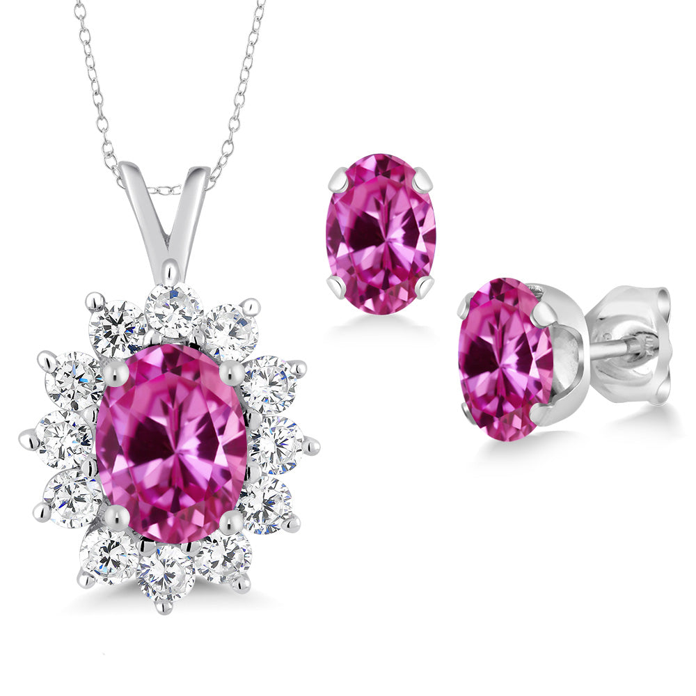 Pink Created Sapphire - September_Pendant Earrings Set in 925 Sterling Silver
