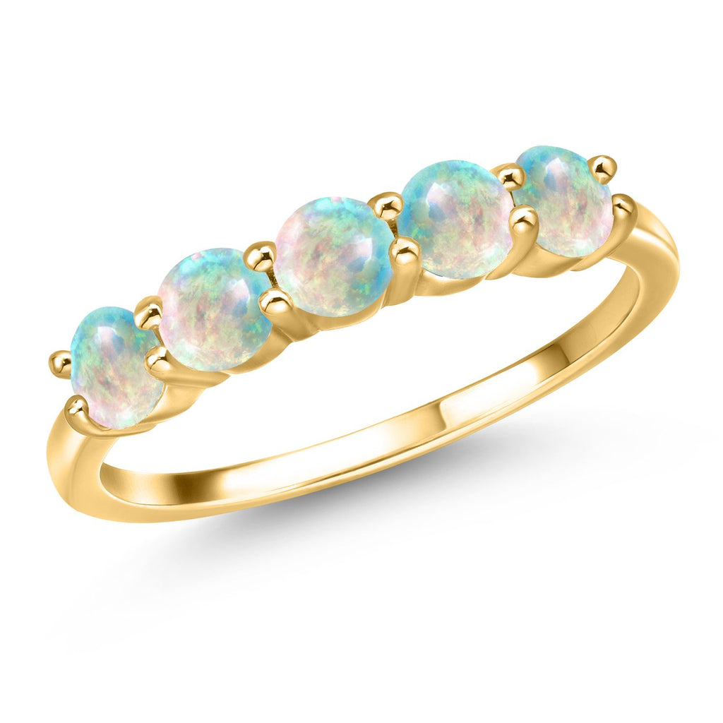 Gem Stone King 18K Yellow Gold Plated Silver 4MM Round Gemstone Birthstone 5-Stone Wedding Band Ring | Five Stone Engagement Anniversary Promise Ring For Women | Available in Size 5, 6, 7, 8, 9