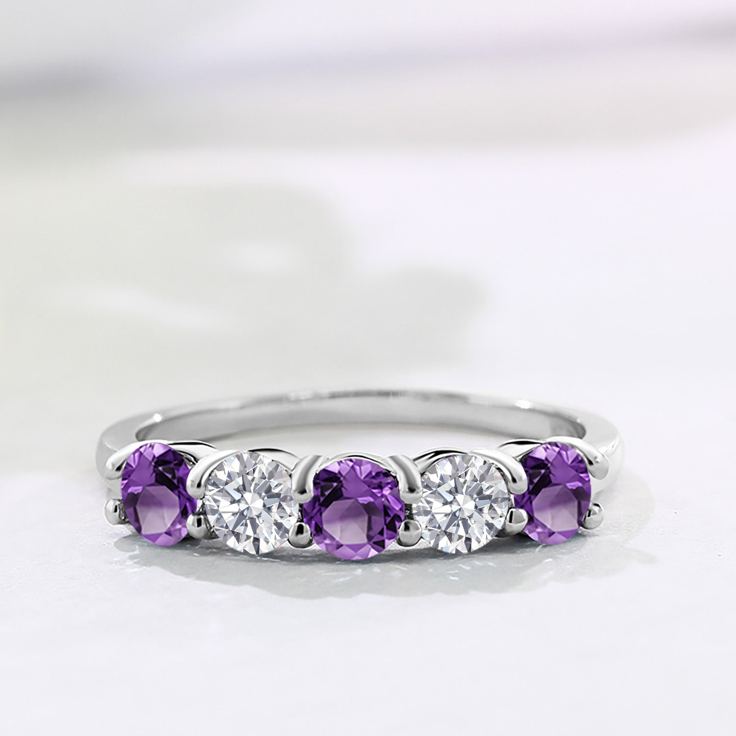 925 Sterling Silver Purple Amethyst and E - F Lab Grown Diamond Wedding-Bands Ring For Women | 1.29 Cttw | Round 4MM | Gemstone February Birthstone | Available in Size 5,6,7,8,9