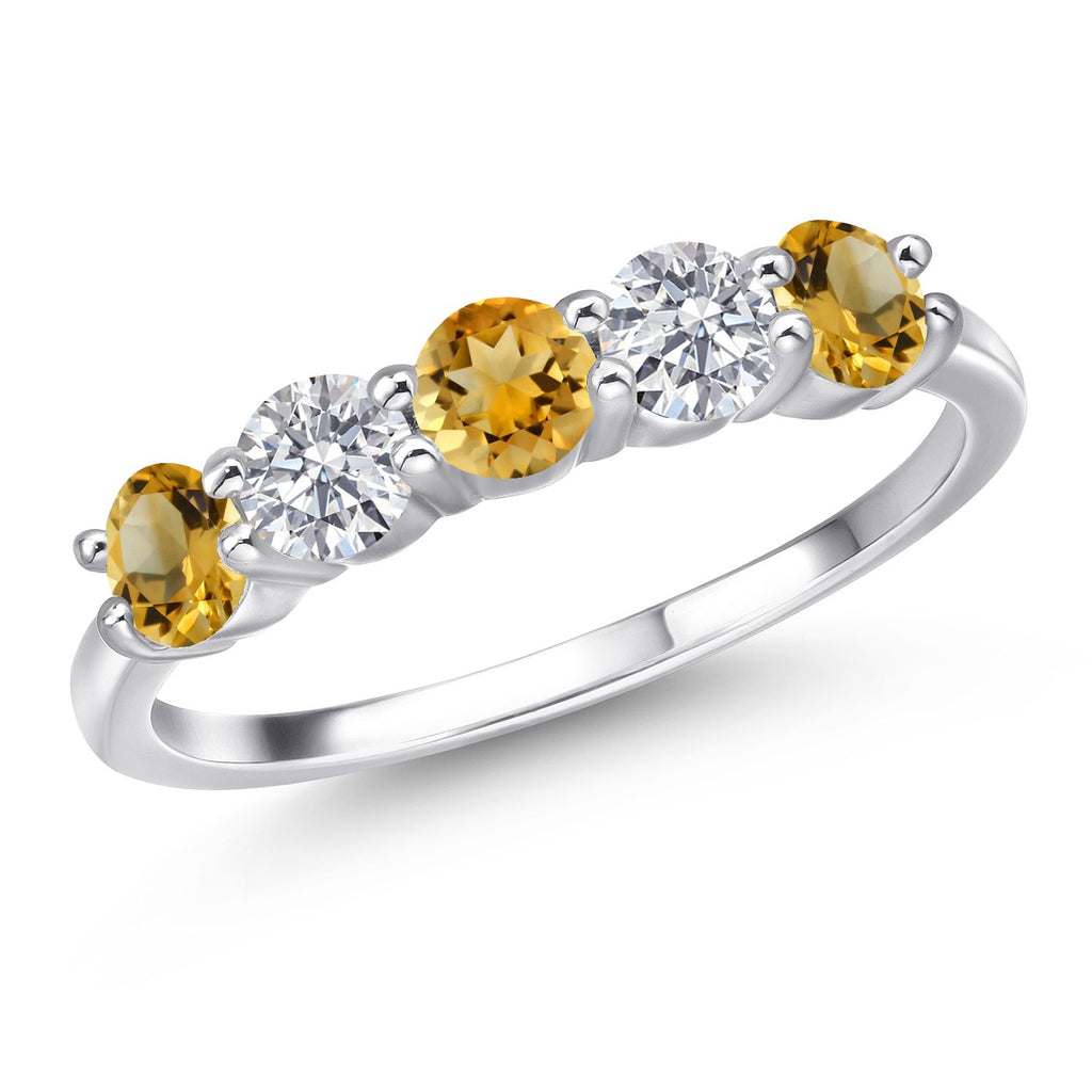 Gem Stone King 5-Stone Wedding Band Ring | 4MM Gemstone Birthstone and Lab Grown Diamond | 925 Sterling Silver | Engagement Anniversary Promise Ring for Women