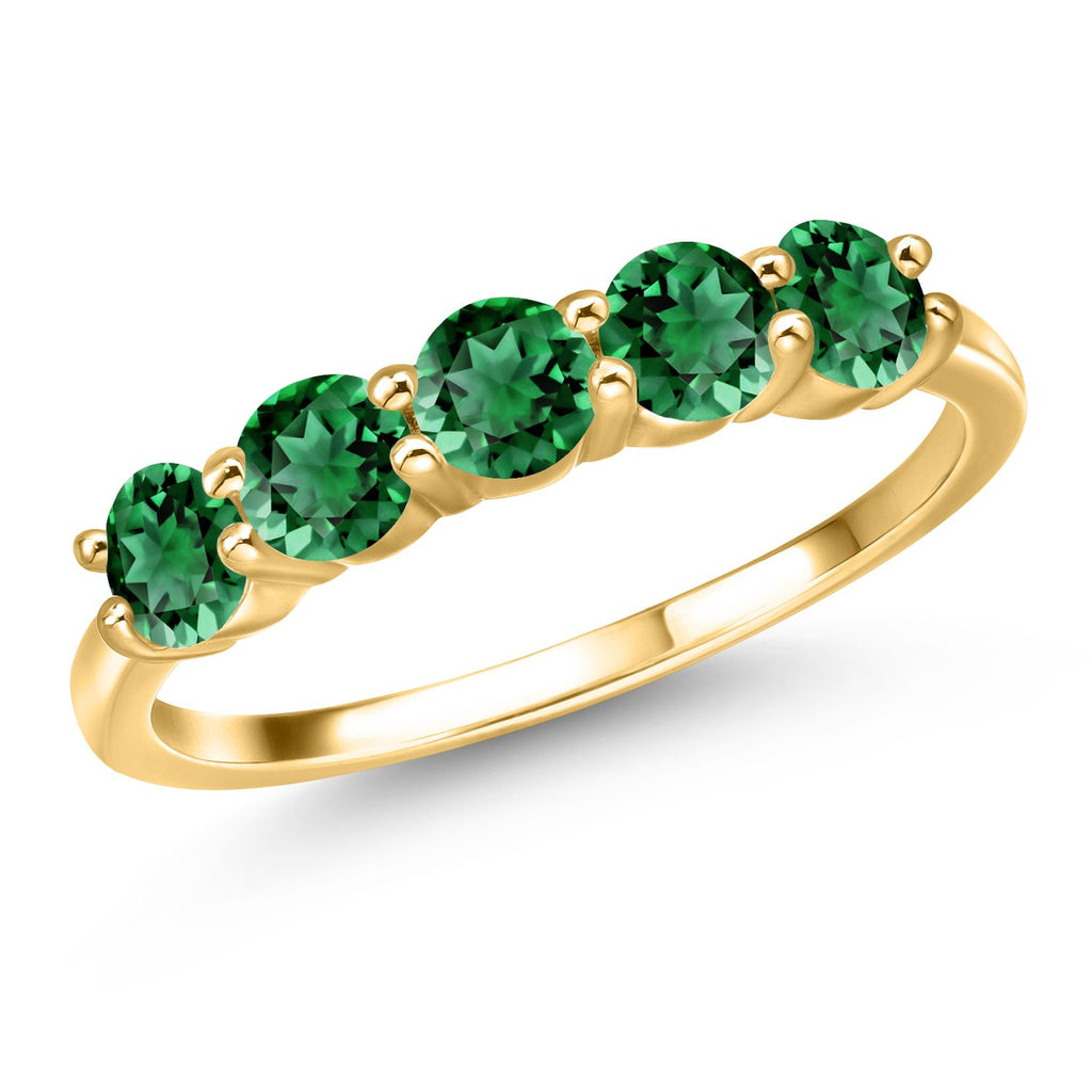 Gem Stone King 18K Yellow Gold Plated Silver 4MM Round Gemstone Birthstone 5-Stone Wedding Band Ring | Five Stone Engagement Anniversary Promise Ring For Women | Available in Size 5, 6, 7, 8, 9
