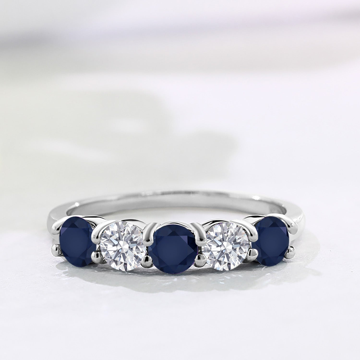 925 Sterling Silver Blue Sapphire and E - F Lab Grown Diamond Wedding-Bands Ring For Women | 1.59 Cttw | Round 4MM | Gemstone September Birthstone | Available in Size 5,6,7,8,9