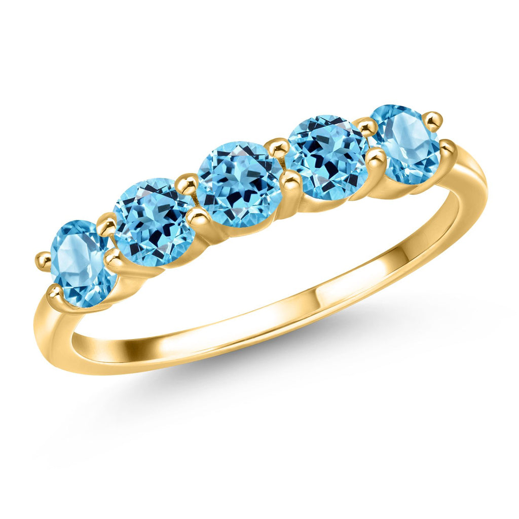 Gem Stone King 18K Yellow Gold Plated Silver 4MM Round Gemstone Birthstone 5-Stone Wedding Band Ring | Five Stone Engagement Anniversary Promise Ring For Women | Available in Size 5, 6, 7, 8, 9