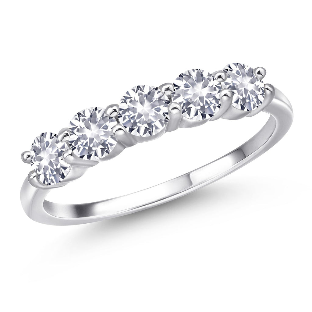 Gem Stone King 5-Stone Wedding Band Ring for Women | 925 Sterling Silver | 4MM Round Gemstone Birthstone | Engagement Anniversary Promise Ring | Sizes 5-9