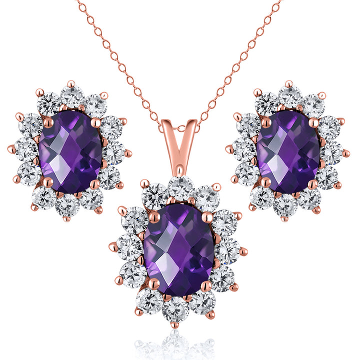 Amethyst-Checkerboard - February_Rose Gold_Pendant Earrings Set in Rose Gold