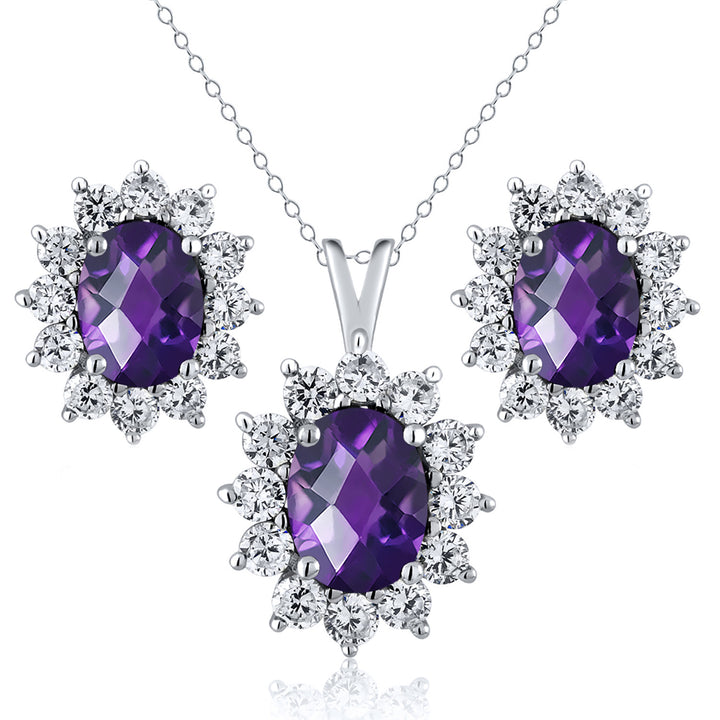 Amethyst-Checkerboard - February_Sterling Silver_Pendant Earrings Set in Sterling Silver