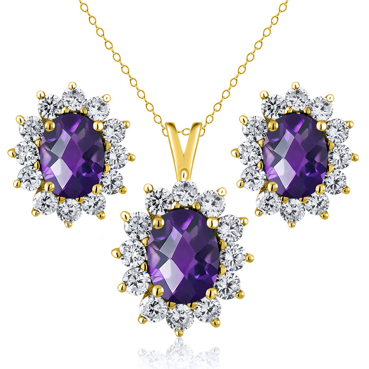 Amethyst-Checkerboard - February_Yellow Gold_Pendant Earrings Set in Yellow Gold