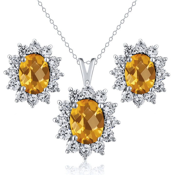 Citrine-Checkerboard - November_Sterling Silver_Pendant Earrings Set in Sterling Silver