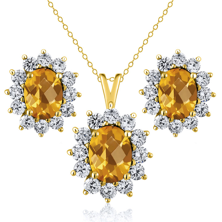 Citrine-Checkerboard - November_Yellow Gold_Pendant Earrings Set in Yellow Gold