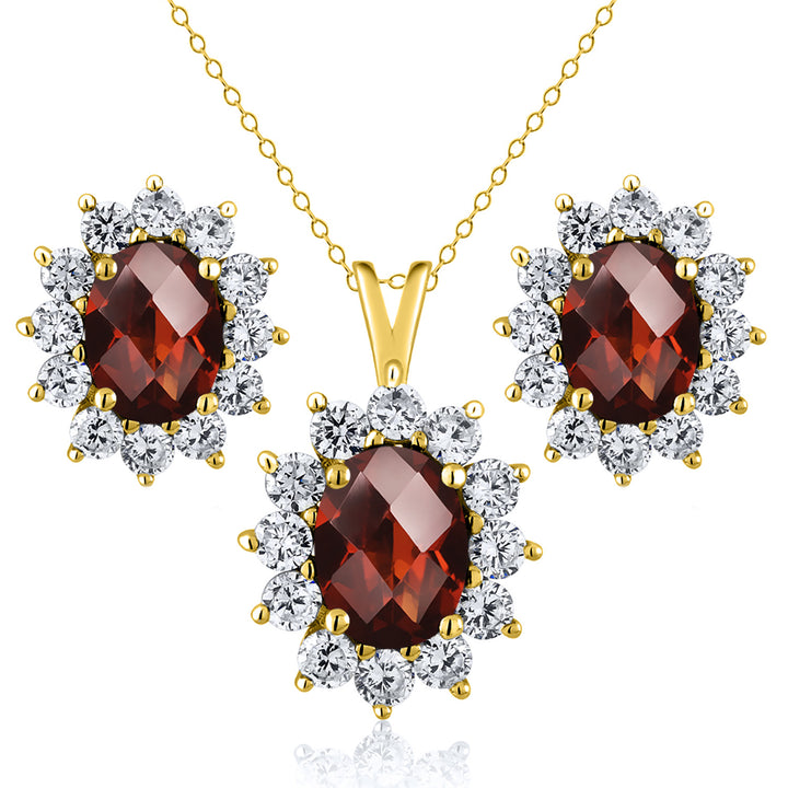 Garnet-Checkerboard - January_Yellow Gold_Pendant Earrings Set in Yellow Gold