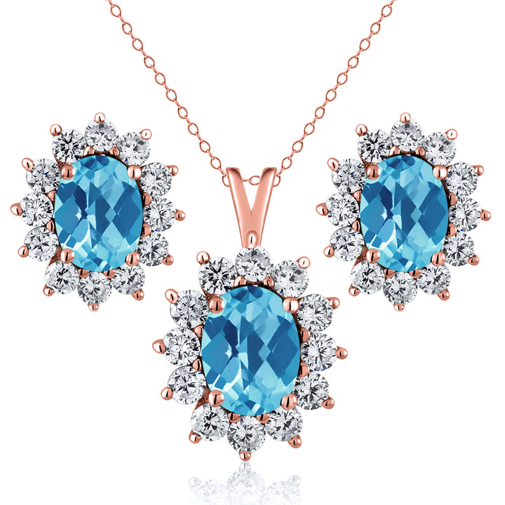 Swiss Blue Topaz-Checkerboard - November_Rose Gold_Pendant Earrings Set in Rose Gold
