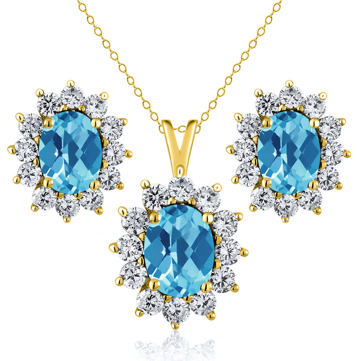 Swiss Blue Topaz-Checkerboard - November_Yellow Gold_Pendant Earrings Set in Yellow Gold