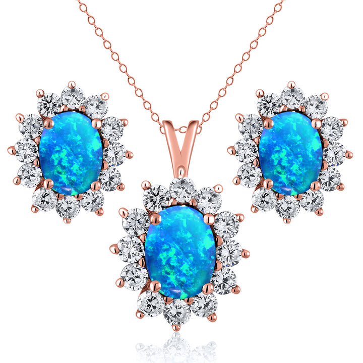 Blue Simulated Opal-Cabochon - October_Rose Gold_Pendant Earrings Set in Rose Gold