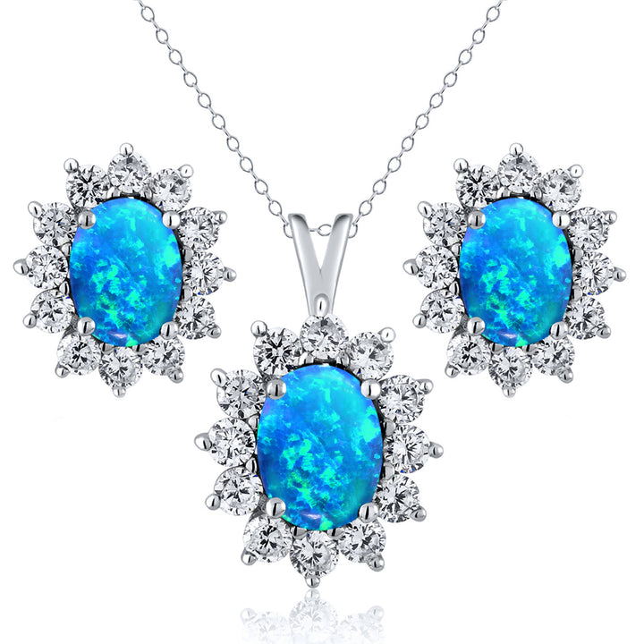 Blue Simulated Opal-Cabochon - October_Sterling Silver_Pendant Earrings Set in Sterling Silver
