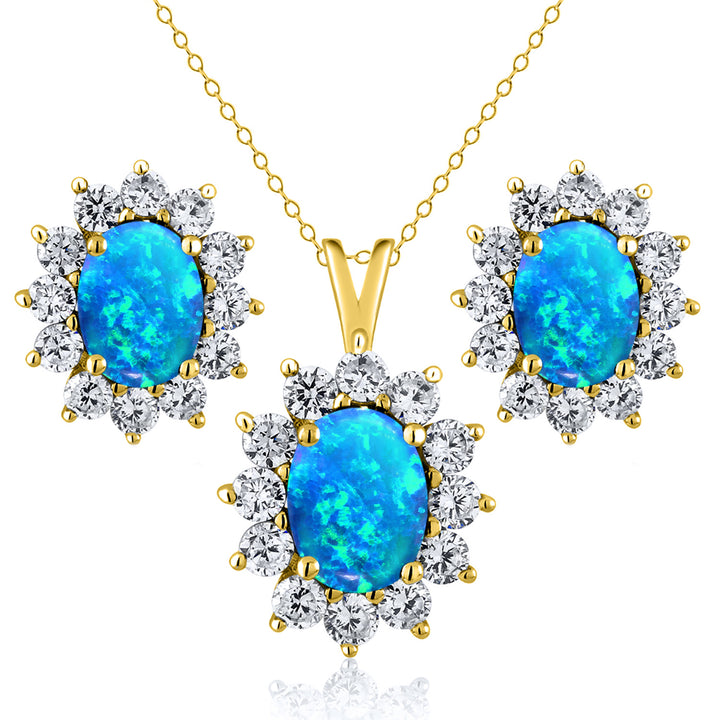 Blue Simulated Opal-Cabochon - October_Yellow Gold_Pendant Earrings Set in Yellow Gold