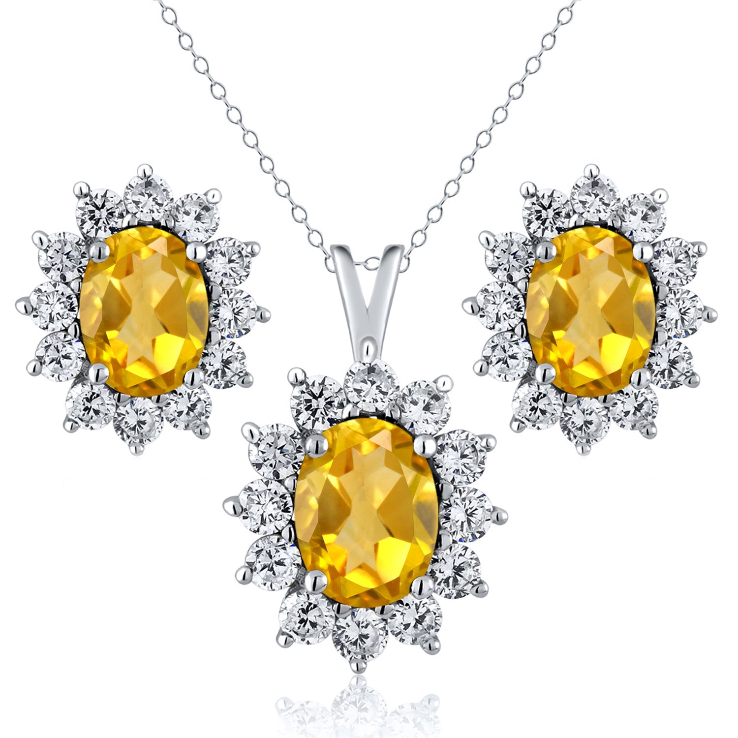 925 Sterling Silver Yellow Citrine Pendant and Earrings Jewelry Set For Women (3.30 Cttw, Gemstone November Birthstone, Oval 8X6MM and 7X5MM, with 18 Inch Silver Chain)