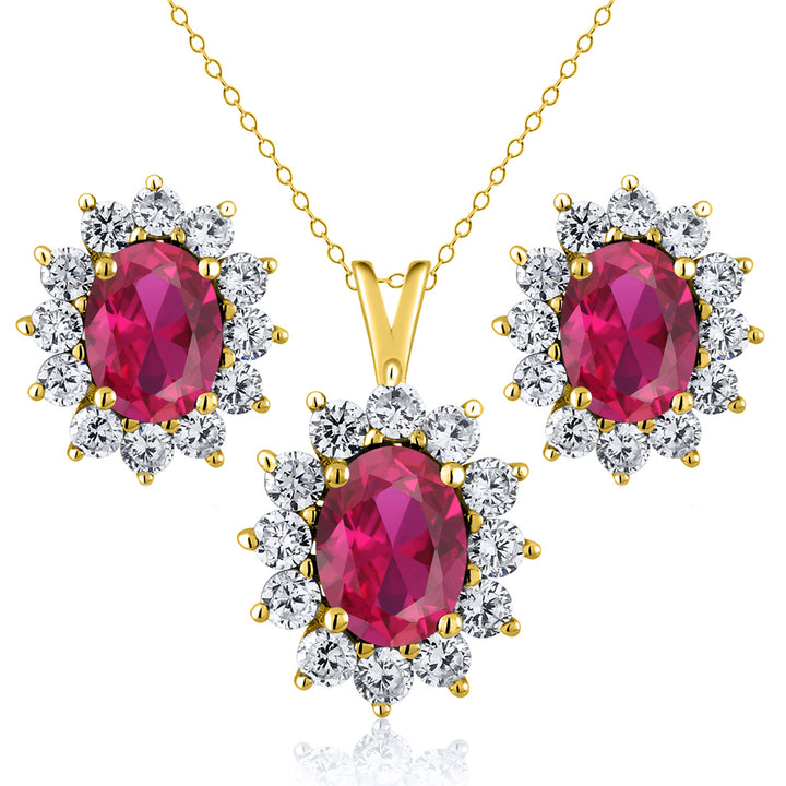 Created Ruby - July_Yellow Gold_Pendant Earrings Set in Yellow Gold