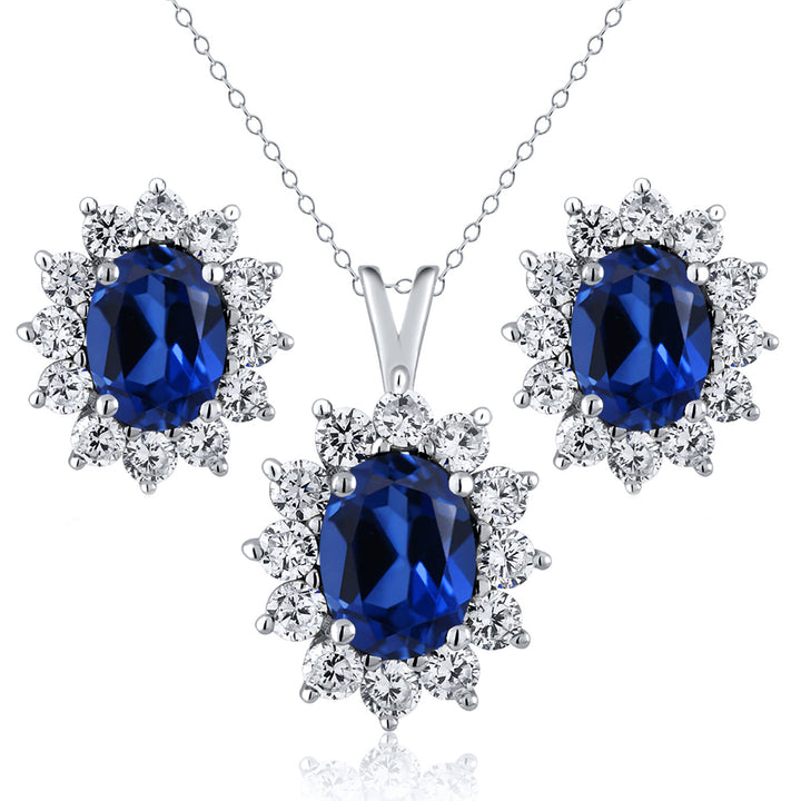 Blue Created Sapphire - September_Sterling Silver_Pendant Earrings Set in Sterling Silver