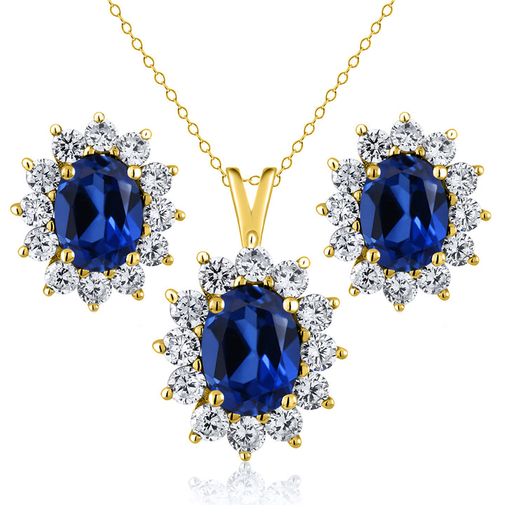 Blue Created Sapphire - September_Yellow Gold_Pendant Earrings Set in Yellow Gold