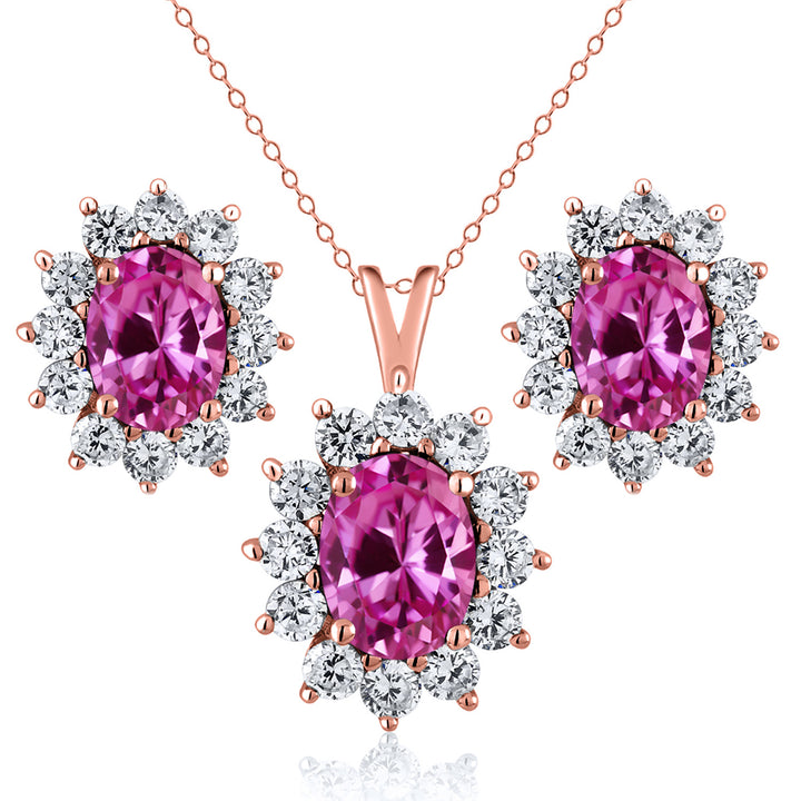 Pink Created Sapphire - September_Rose Gold_Pendant Earrings Set in Rose Gold