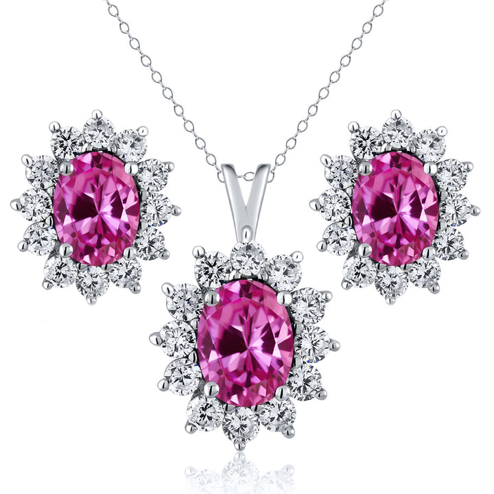 Pink Created Sapphire - September_Sterling Silver_Pendant Earrings Set in Sterling Silver