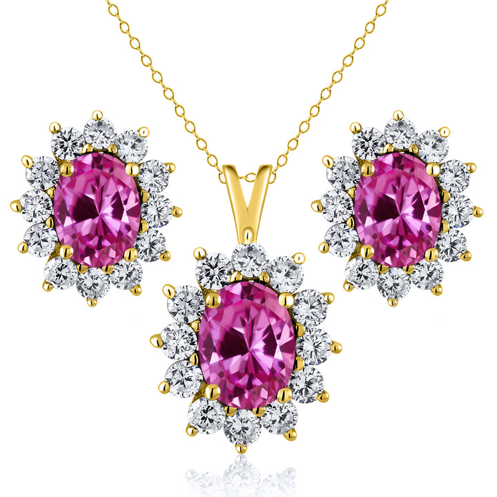 Pink Created Sapphire - September_Yellow Gold_Pendant Earrings Set in Yellow Gold