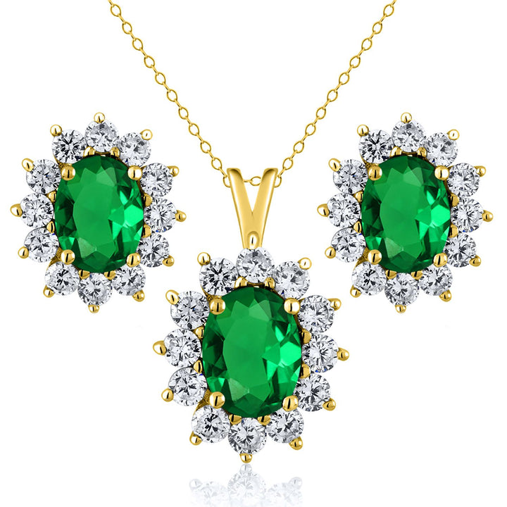 18K Yellow Gold Plated Silver Green Nano Emerald Pendant and Earrings Jewelry Set For Women (2.80 Cttw, Gemstone May Birthstone, Oval 8X6MM and 7X5MM, with 18 Inch Silver Chain)