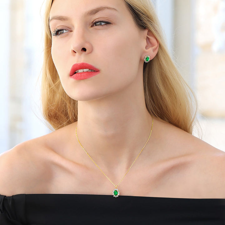 18K Yellow Gold Plated Silver Green Nano Emerald Pendant and Earrings Jewelry Set For Women (2.80 Cttw, Gemstone May Birthstone, Oval 8X6MM and 7X5MM, with 18 Inch Silver Chain)