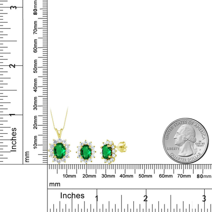 18K Yellow Gold Plated Silver Green Nano Emerald Pendant and Earrings Jewelry Set For Women (2.80 Cttw, Gemstone May Birthstone, Oval 8X6MM and 7X5MM, with 18 Inch Silver Chain)