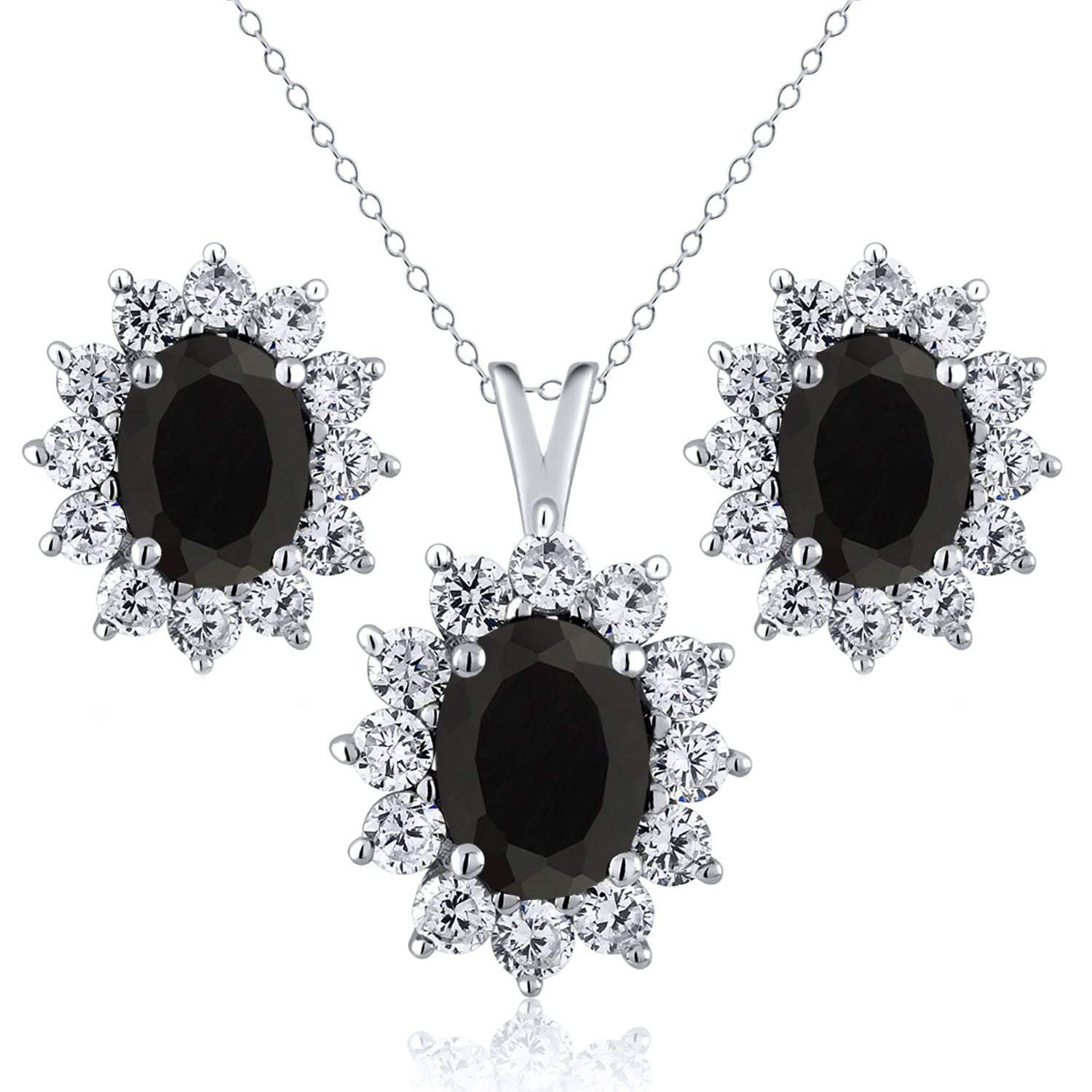 925 Sterling Silver Black Onyx Pendant and Earrings Jewelry Set For Women (3.45 Cttw, Gemstone December Birthstone, Oval 8X6MM and 7X5MM, with 18 Inch Silver Chain)