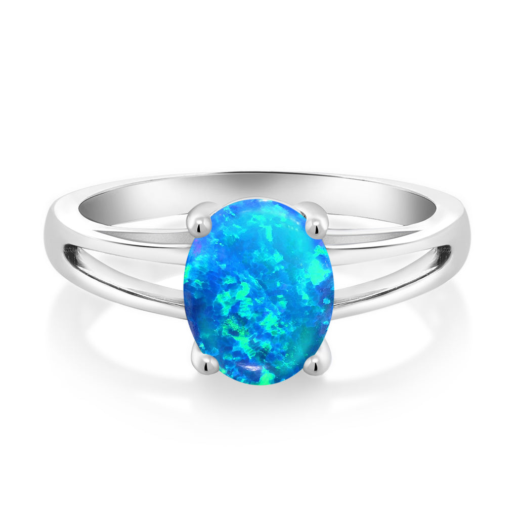 Blue Simulated Opal_9_Ring in 925 Sterling Silver