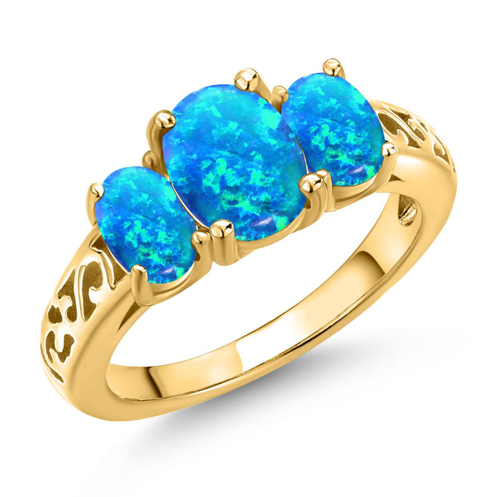 Blue Simulated Opal - October_8_Ring in 925 Yellow Gold Plated Silver