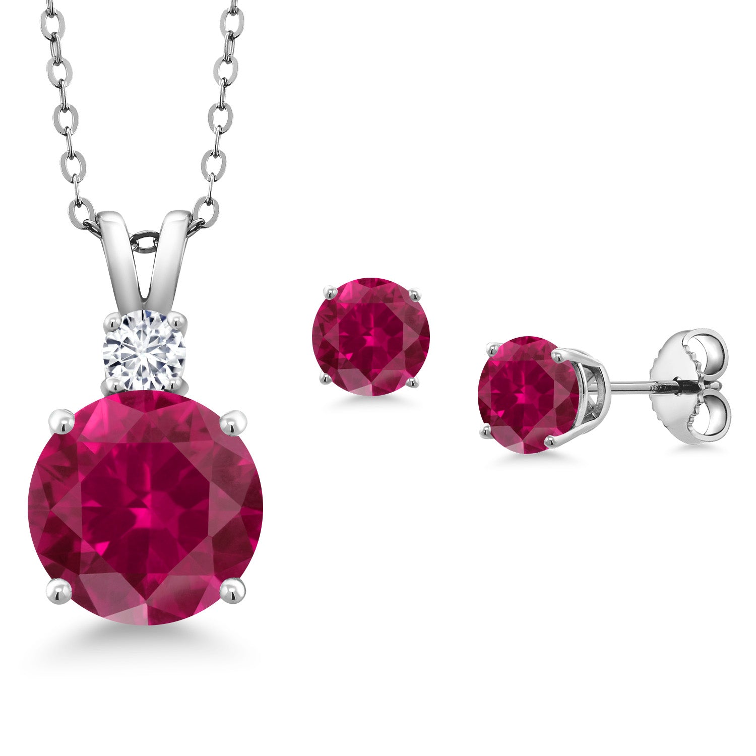 925 Sterling Silver Round Red Created Ruby and G-H Lab Grown Diamond Pendant and Earrings Jewelry Set For Women (5.37 Cttw, Gemstone Birthstone, with 18 Inch Chain)